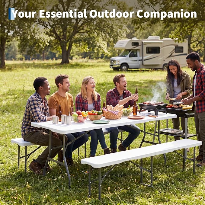 Garvee 6FT Portable Folding Table Sets with 2 Bench, HDPE Plastic Foldable Table with Carry Handle for Camping, Parties, Picnic & Events Indoor Outdoor，White