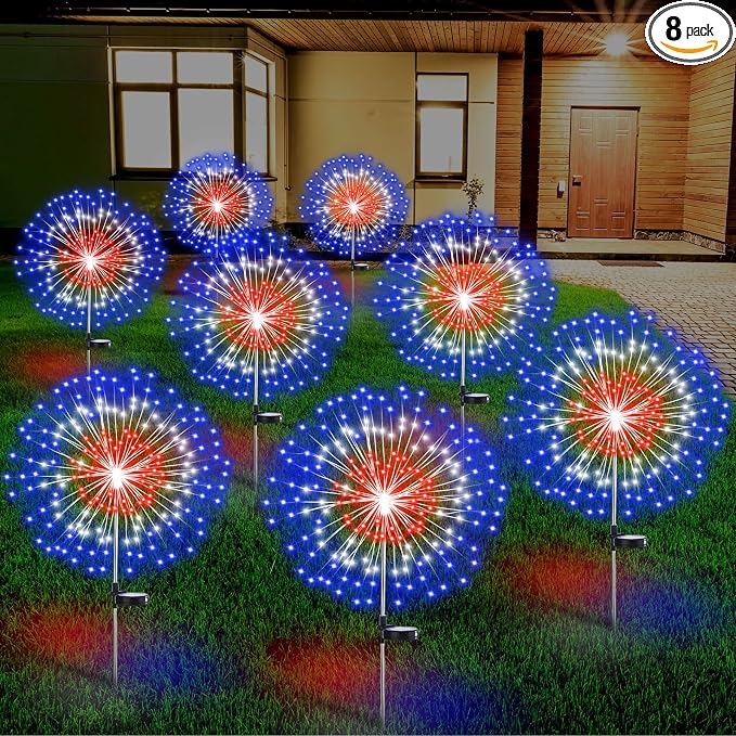 Tujoe 8 Pcs 4th of July Solar Firework Stake Lights 180 LED 8 Modes Solar Waterproof LED Sparkler Lights Outdoor Patriotic Decor for USA Anniversary Garden Patio Yard Pathway (Red White Blue)
