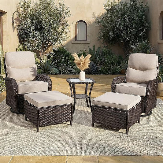 Patio Furniture Set with Luxury 6" Cushions, 5 Pieces Swivel Rocking High Back Patio Chairs and Ottoman, Outdoor Wicker Conversation Set for Deck, Porch, Backyard, Poolside, Beige