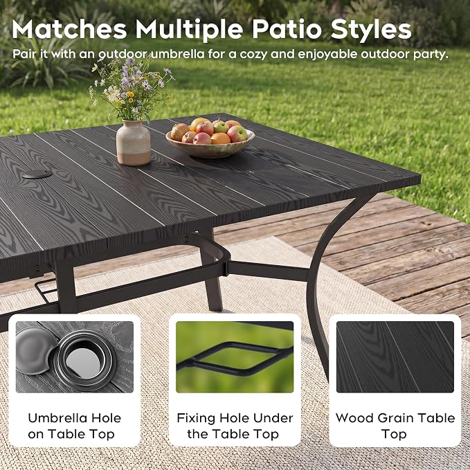 Outdoor Dining Table for 6-63" x 38" Matel Patio Table with E-Coated Finish, 1.6" Umbrella Hole for Garden, Backyard