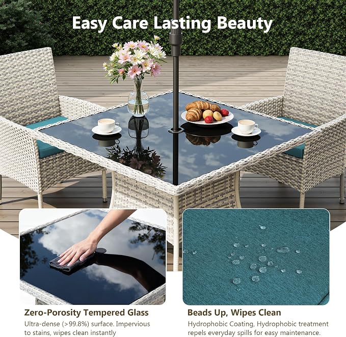 Outdoor Dining Set, 15-Piece Patio Furniture Set with Tempered Glass Table and 12 Cushioned Chairs, Dual-Strand Wicker Rattan, Balcony Furniture for Backyard, Garden, Deck,– Turquoise
