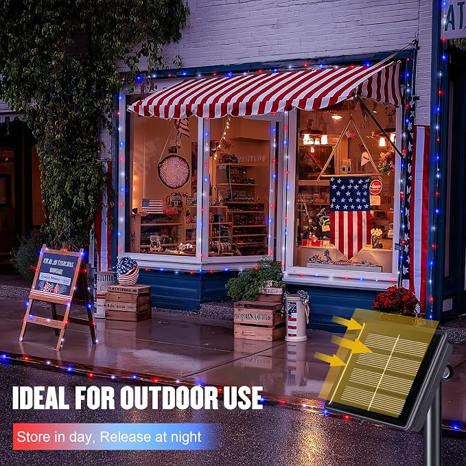 JMEXSUSS 2 Pack Solar Fairy Lights, Each 100 LED 33FT, Red White and Blue | Outdoor Waterproof, 4th of July Solar String Lights for Independence Day Outside Patio Yard Garden Decorations
