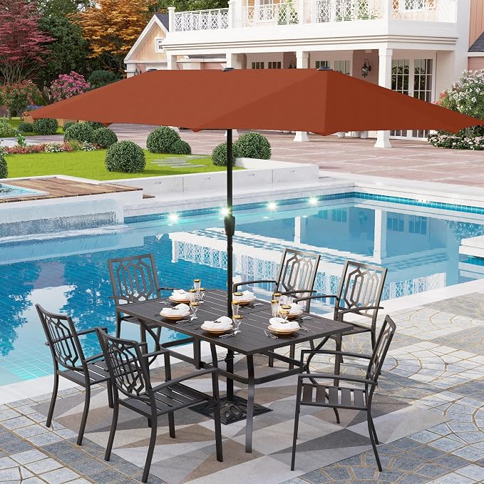 PHI VILLA 8 PCS Patio Dining Set w/ 13ft Patio Umbrella(Orange Red) | Metal Outdoor Dining Set - 6 x Outdoor Stackable Chairs, 1x 60"x38"Rectangle Dining Table and 1 Umbrella