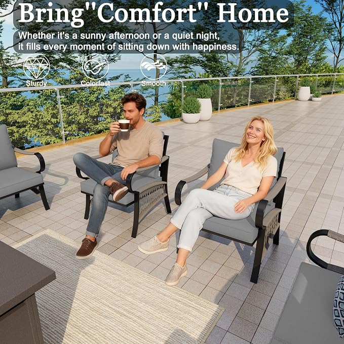 6-Piece Outdoor Furniture Set, Patio Conversation Set Include 3-Seater Sofa Single Chairs Loveseat Couch with Coffee Table and Fire Pit Table for Deck, Porch (Gray Cushions)