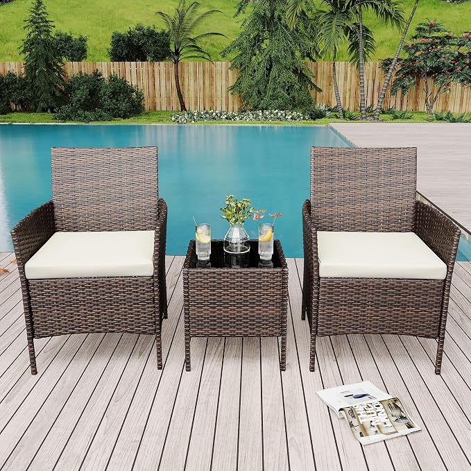 3-Piece Patio Furniture Set,Outdoor Patio Conversation Set with 2 PE Rattan Armchairs, Weather-Resistant Cushions & Tempered Glass Table,All-Weather Bistro Set for Garden, Backyard（Brown/Beige）