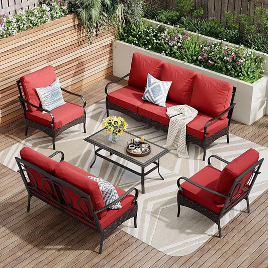 PHI VILLA Outdoor Modern Patio Furniture Set, Upgraded Wicker & Metal Patio Conversation Set with Waterproof Thick Cushions for Porch, Poolside, Yard (5 Pieces,Red)