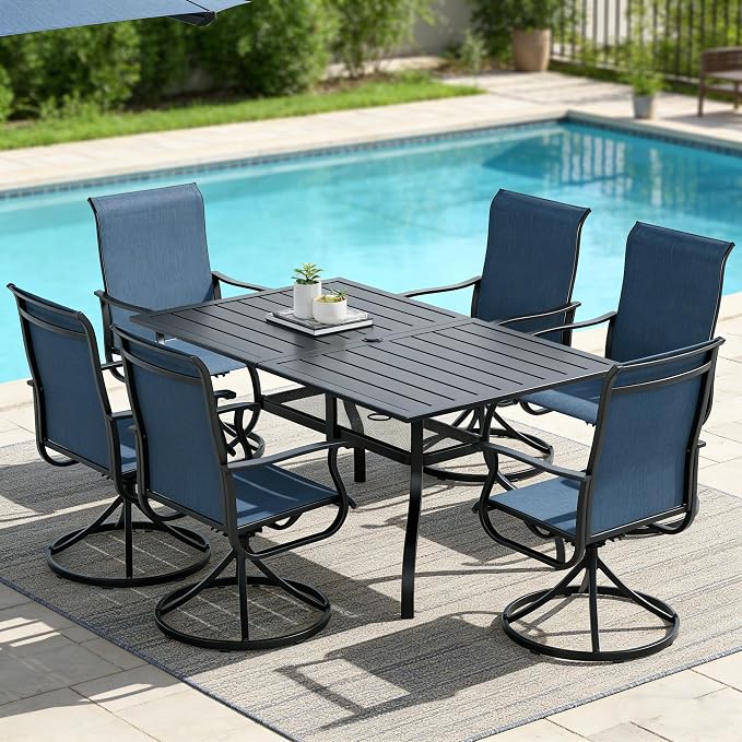 SUNCROWN 7-Piece Outdoor Patio Dining Set, All Weather Rectangular Metal Table & 6 Dark Blue Swivel Textilene Mesh Chairs, Weather Resistant Patio Furniture for Deck Lawn Garden Backyard Poolside