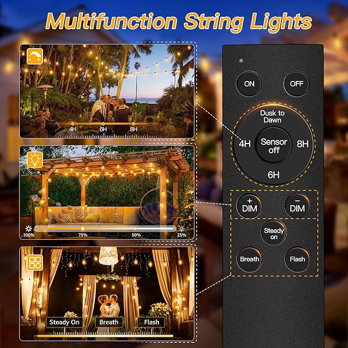 Ollny S11 50FT Outdoor String Lights with Remote, 3 Modes Dimmable Timers Waterproof Connectable Outside Lights, 24+2 LED Spare Bulbs Dusk to Dawn Hanging Light for Yard Balcony Camping Gazebo Garden