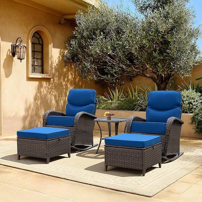Luxury Patio Furniture Set with 6" Thick Cushions, High Back Outdoor Rocking Chairs and Ottomans, 5 Pieces All Weather Conversation Set for Porch Deck Poolside Yard (Blue)