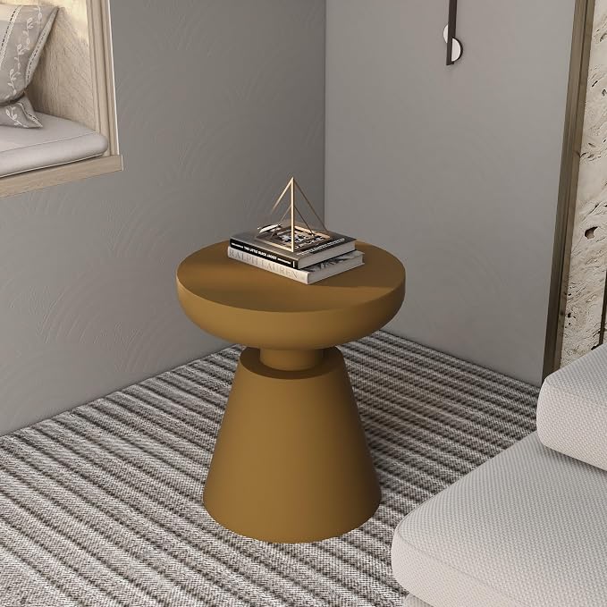 LeisureMod Minimalist Modern Side Table Round Fiberstone Tabletop Pedestal Base, Accent Table for Home Patio Living Room Weather-Resistant Isle, Brown