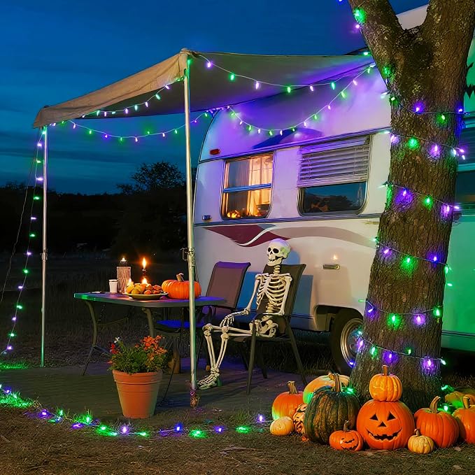 JMEXSUSS Connectable Purple and Green Halloween Lights Plug-in | 8 Modes 100 LED Twinkle String Light Indoor, Clear Wire Christmas Lights Outdoor Waterproof for Halloween Christmas Decor