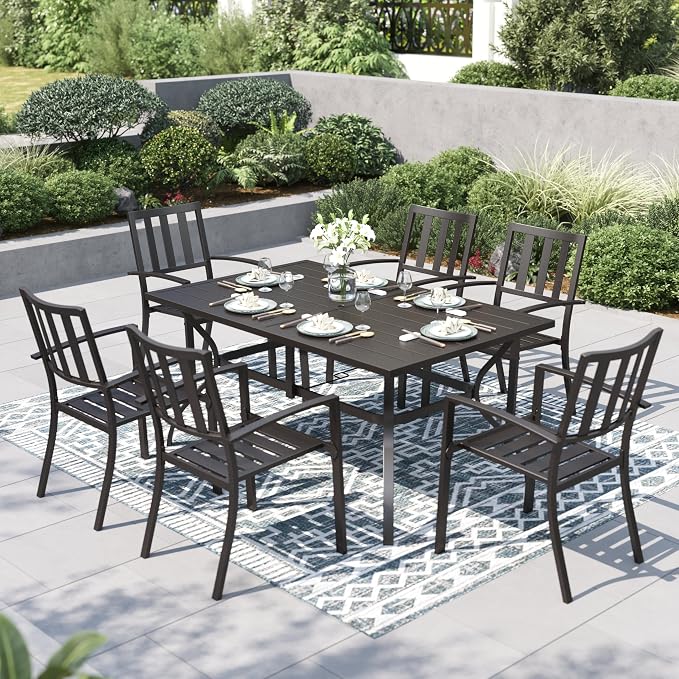 PHI VILLA 7pcs Outdoor Table and Chairs,60” Rectangular Table w/Umbrella Hole