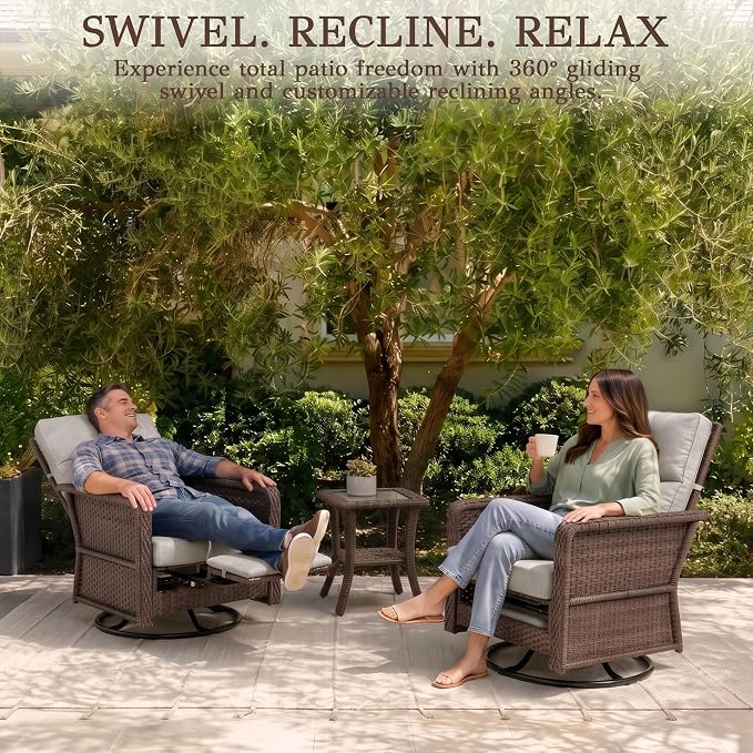 Brafab 7-Seat Piece Wicker Patio Furniture Set with 44" Propane Fire Pit Table, Outdoor Swivel Recliner Chairs with Adjustable Backrest & Footrest for Patio Conversation and Backyard Gathering, Beige