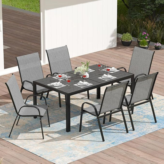 PIZZELLO 7-Piece Outdoor Dining Set Patio Dining Set for 6 Outdoor Table and Chairs All Weather Outdoor Patio Set w/Stackable Patio Chairs and HDPE Dining Table for Backyard, Garden and Poolside