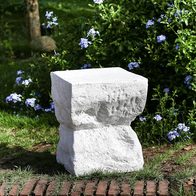 Christopher Knight Home Nataly 18.5" H Small Outdoor Side Table, Hourglass-Like Shape Carved Garden Stool, Lightweight Concrete End Table, Patio Decorative Home Stool for Balcony Backyard, White