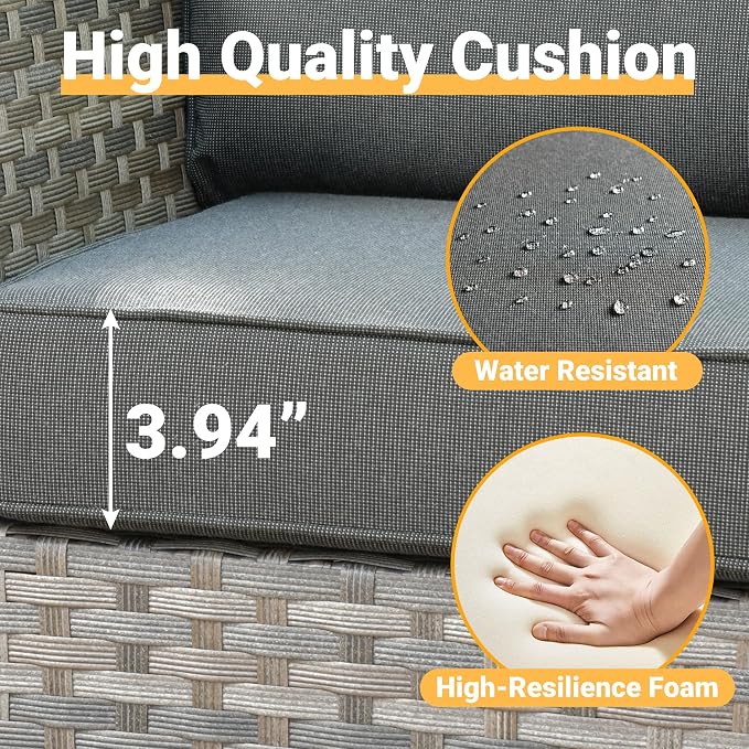 CAODOC 12 Pieces Outdoor Furniture Patio Sectional Sofa Couch Gray PE Wicker Conversation Sets with Ottomans Glass Coffee Table for Garden Poolside Backyard
