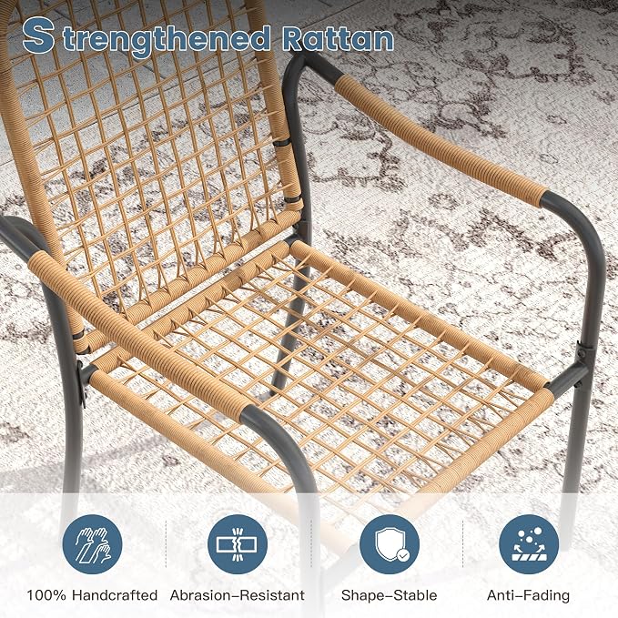 DIFY 5 Pieces Outdoor Dining Set, Metal Patio Table and Chairs Set for 4, 37.8" Square Dining Table with Umbrella Hole & Wicker Stackable Patio Chairs with Cushions, Grey Wood-Like Tabletop