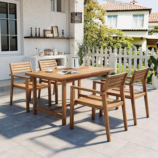 VilroCaz 5-Piece Outdoor Acacia Wood Outdoor Dining Set, All-Weather 59'' Rectangular Table with Umbrella Hole and 4 Armchair for Patio Lawn Garden Poolside (Natural-U27)