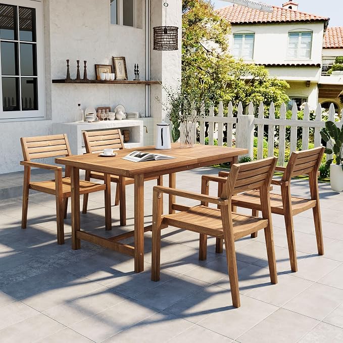 5 Pieces Outdoor Acacia Wood Dining Table Set for 4 with 59" Rectangular Table with Umbrella Hole and 4 Chairs, Modern Patio Dinner Set for Backyard, Garden, Poolside or Indoor, Natural