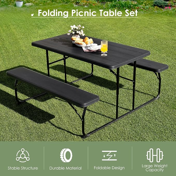 S AFSTAR Folding Picnic Table Bench Set, Foldable Picnic Table with 2 Benches, Outdoor Table and Bench W/Steel Frame & Wood-Like Texture Tabletop, Camping Table Chair Set for Garden Patio Lawn (Black)
