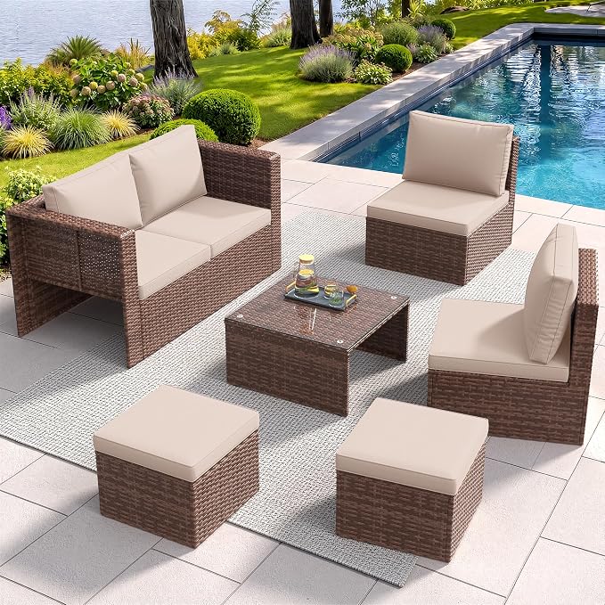 Amopatio Patio Furniture Set, Space-Saving Nestable All-Weather Wicker Outdoor Conversation Set with Glass Coffee Table, Cushions & Ottomans for Deck Backyard Porch Lawn Khaki