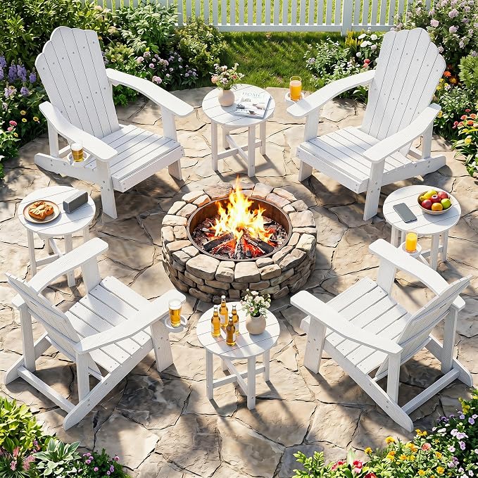 Tangkula Round Outdoor Side Table Set of 2, Adirondack Side Table with Weather-Resistant, Waterproof Top, Small Outside End Table for Patio Deck Pool Porch, Easy Maintenance (White,2)