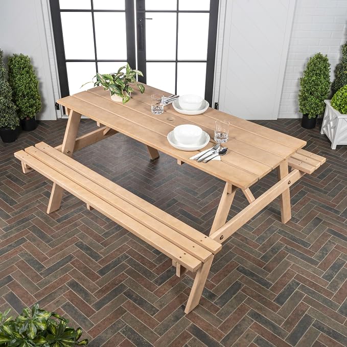 JONATHAN Y Shoreham 59" Eucalyptus Wood Outdoor Picnic Table with Benches for Patio, Rectangular Dining Set with 2" Umbrella Hole, Heavy Duty 700 lbs Capacity, Light Teak BNH200B
