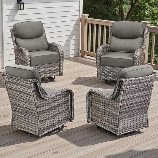 Rilyson Outdoor Swivel Rocker Chairs - All Weather Resistant Wicker Patio Furniture Set of 4 with High Back and 6 inch Thick Cushions for Deck Porch Yard and Poolside, Mixed Grey/Grey