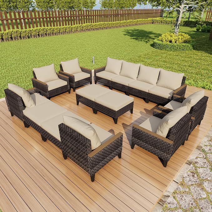 14 Pieces Patio Furniture Set, Wicker Rattan Outdoor Conversation Sets with Footstool, Modular Sectional Seating Set 2 Three Seater Sofa & 4 Single Armchairs & 4 Ottomans for Home (Beige Cushions)