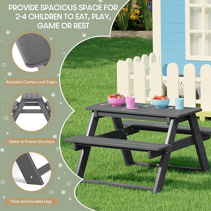 WestinTrends Malibu Outdoor Patio and Indoor Kids HDPE Plastic Picnic Bench Table, Gray