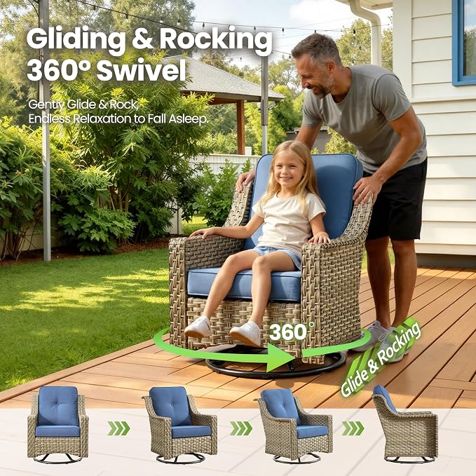 Patio Conversation Set,5 Pieces Wicker Patio Furnitures with Swivel Chair and Coffee Table,All Weather Patio Furniture Set for Garden,Backyard,Poolside(Sapphire Blue)