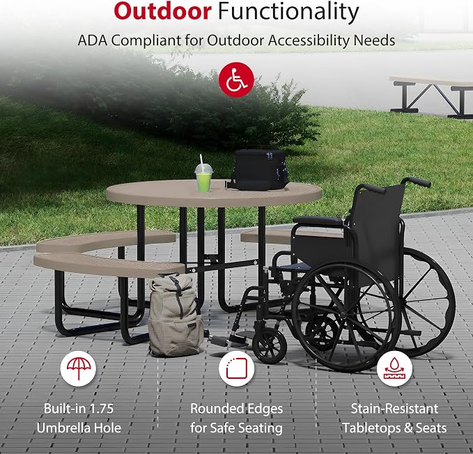 Leisure Craft Metal Picnic Table with Bench - 46" Round Outdoor Dining Table with Umbrella Hole, Heavy Duty Thermoplastic Coating, ADA Compliant, Commercial Grade Furniture Made in USA - Beige