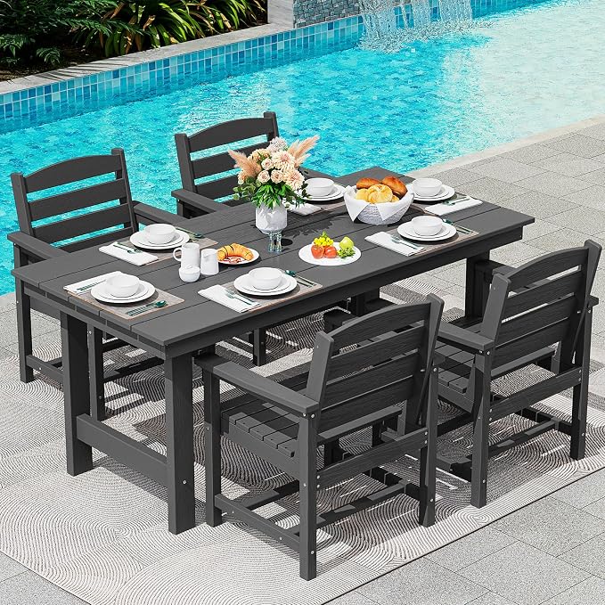 SERWALL 5 Pcs HDPE Patio Dining Set w/Umbrella Hole Table & 4 Chairs, Black | HDPE Outdoor Dining Set with Rectangular Table & 4 Chairs, All-Weather Patio Dining Furniture