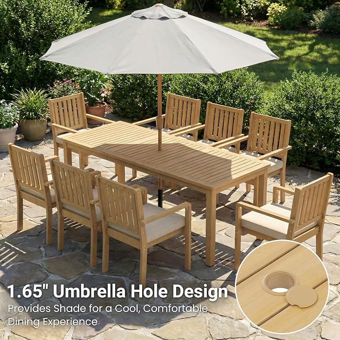 FansaFurn 5 Pieces Acacia Outdoor Patio Table and Chairs Set for All-Weather, Outside Furniture with Table Umbrella Hole and Removable Cushion for 4, Patio Table Set for Patio, Garden, Brown