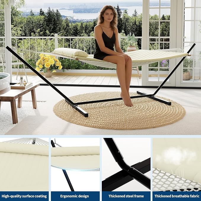 Double Hammock with Stand Curved-Bar Hammock, 450LBS Capacity, 2 Person Large Hammock, Indoor and Outdoor Hammock, Perfect for Backyard Patio Beach