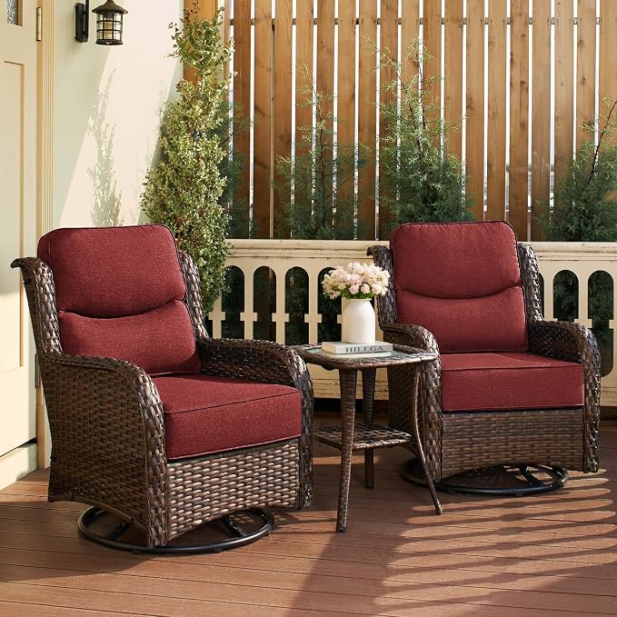 HILLGA Luxury Outdoor Patio Furniture Set with 6-Inch Thick Cushions,High Back Wicker Swivel Rocker Chairs, 3 Pcs All Weather Chairs Set for Small Porch, Deck and Sunroom, Burgundy (V3)