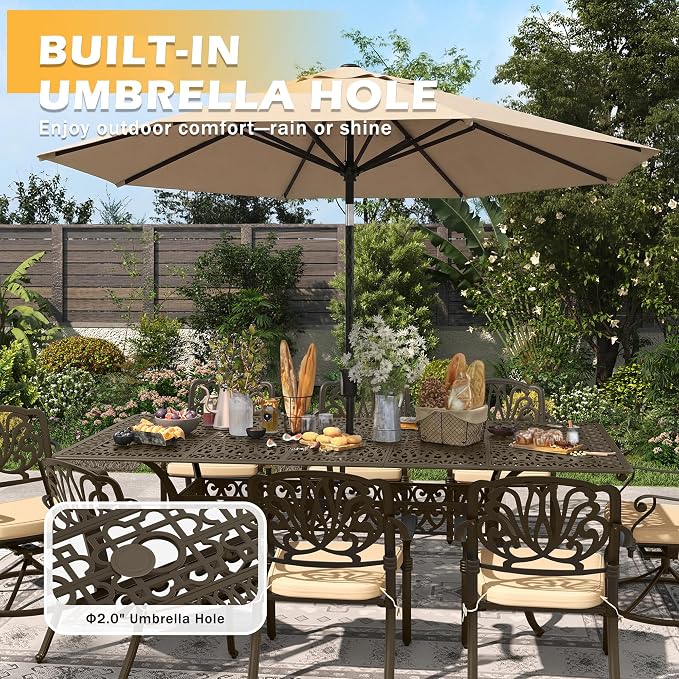9-Piece Outdoor Dining Set, Retro Bronze Cast Aluminum Patio Furniture Include 86.6" Rectangle Table and 8 Fixed Chairs with Cushion and Umbrella Hole for Patio Deck Garden