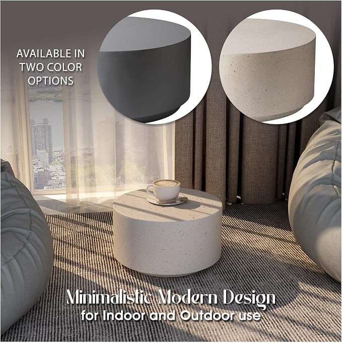 LeisureMod Minimalist Side Table Assembled 36” Round Modern Fiberstone Top Accent Table for Outdoor, Home, Living Room Terra Series in White