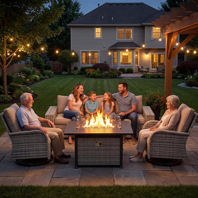 16-Piece Outdoor Patio Furniture Set with Rocking Swivel Chair, PE Wicker Rattan Sectional Sofa Patio Conversation Set with 55,000 BTU Fire Pit Table & Coffee Table, White