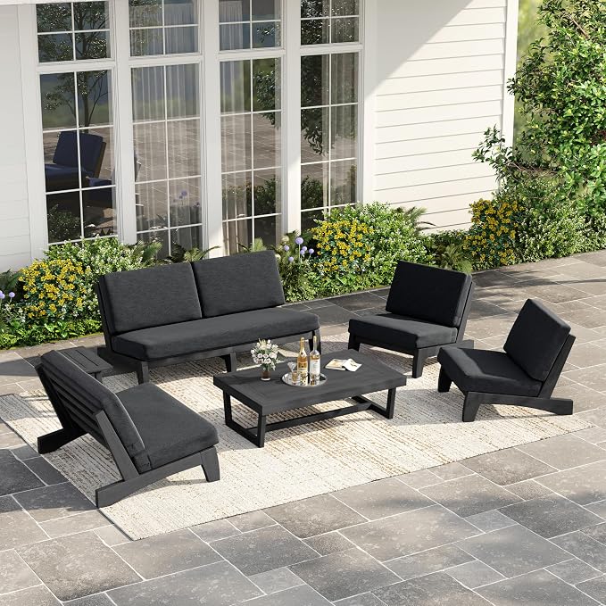 6 Piece Teak Outdoor Patio Frutnire Set, 7 Seater Patio Conversation Sets with Thick Cushions, Outdoor Sectional Furniture with Coffee Table - Dark Gray