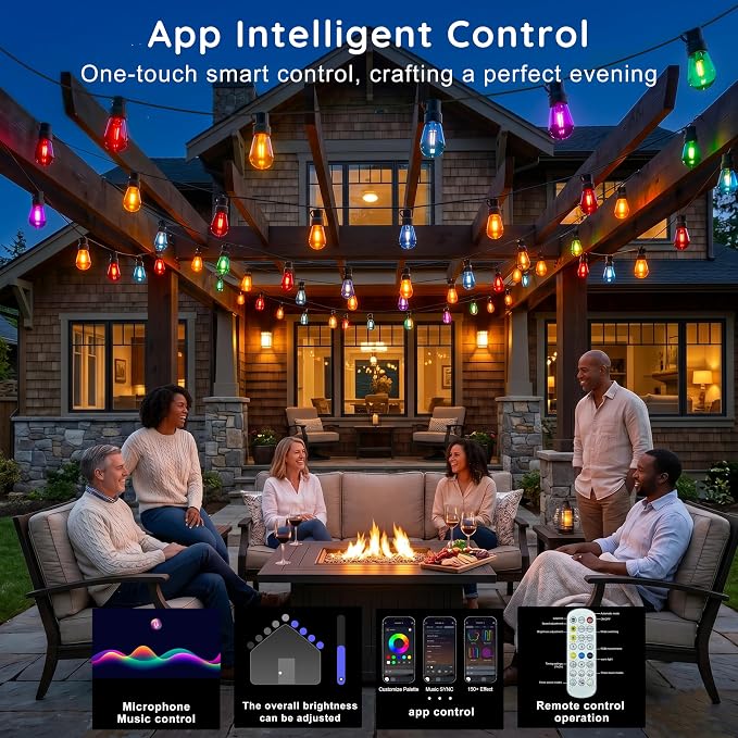 300FT RGB+IC Outdoor String Lights, Dimmable Shatterproof LED Bulbs, IP67 Waterproof DreamColor Chasing Lights, Multicolor Dynamic Lighting for Patio Balcony Garden & Outdoor Living Area Decoration
