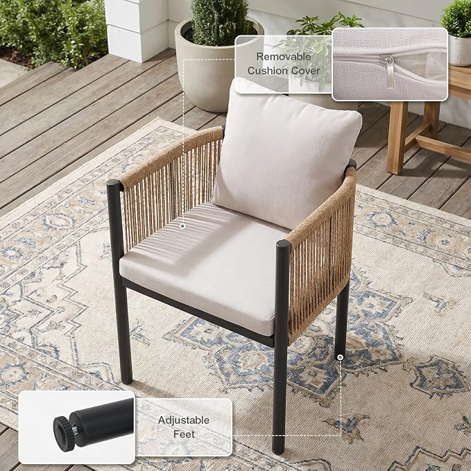 SUNSITT 5 Piece Outdoor Patio Dining Set, Patio Dining Furniture Set with 70” Metal Dining Table w/WPC Tabletop and 4 Patio Woven Rattan Chairs w/Curved Armrest for Garden, Beige