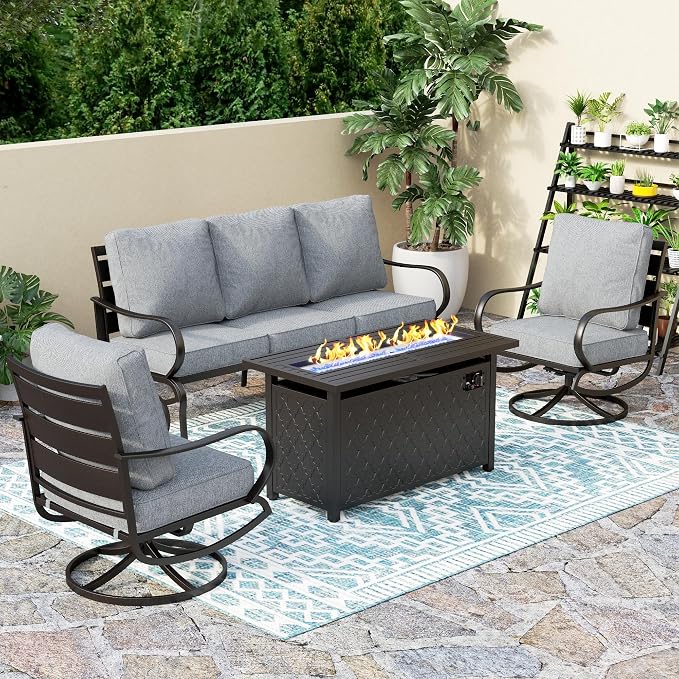 PHI VILLA 4 Piece Patio Furniture with Metal FirePit Table, 1 x 3-Seat Wide Deep Seating Bench & 2 x Swivel Sofa Chairs, 5.75" Thick Cushioned Outdoor Furniture Conversation Set for 5, Grey