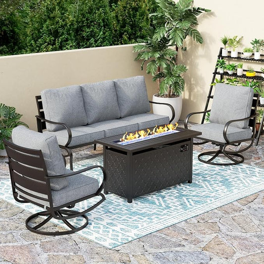 PHI VILLA 4 Piece Patio Furniture with Metal FirePit Table, 1 x 3-Seat Wide Deep Seating Bench & 2 x Swivel Sofa Chairs, 5.75" Thick Cushioned Outdoor Furniture Conversation Set for 5, Grey