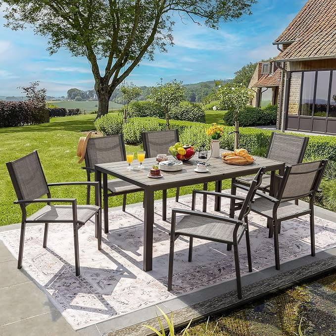 Flamaker Patio Dining Set 7 Piece Metal Frame Outdoor Furniture with 6 Textilene Chairs and Rectangular Table Family Kitchen Conversation Set for Backyard, Lawn (Grey)