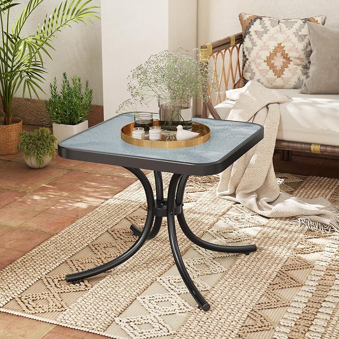 Giantex Small Outdoor Side Table with Tempered Glass Top Set of 2, Heavy-Duty Metal Frame, 110 Lbs Capacity, Square Patio Table for Balcony, Porch, Backyard, Deck, Black