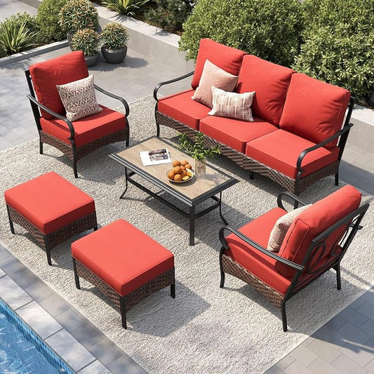 PHI VILLA Patio Furniture Set, Upgraded Wicker & Metal Modern Outdoor Conversation Sets Patio Sectional Fixed Chair Set with Coffee Table & Waterproof Thick Cushions for Porch, Deck(6 Pieces, Red)