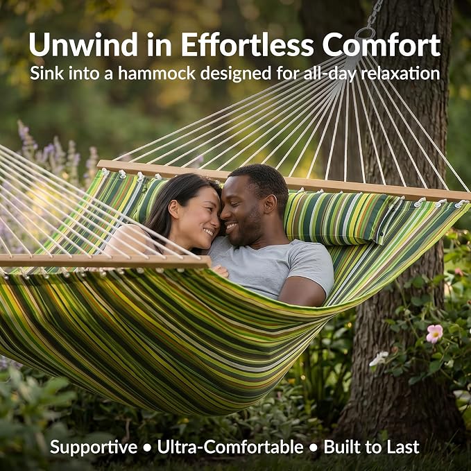 Sunnydaze Quilted Double Hammock for Outside with Spreader Bars and Pillow - 450 lb Capacity, 74x55 Inch Bed, UV Resistant, Quick Dry - Chains Included, Stand Sold Separately - Melon Stripe