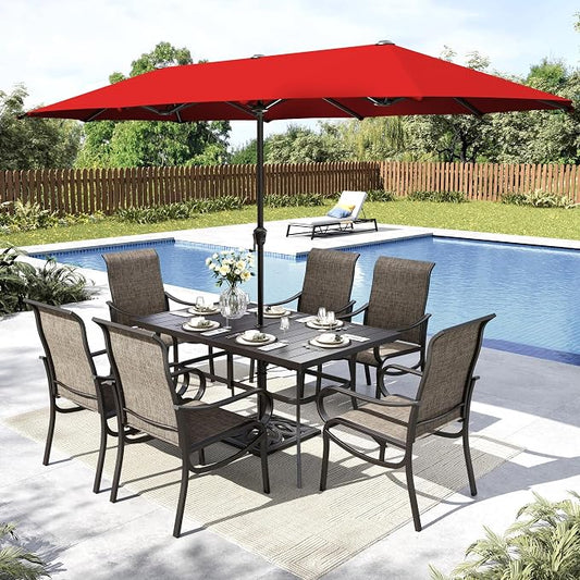 MFSTUDIO Patio Dining Set for 6, Outdoor Dining Set with Umbrella, Patio Furniture Set with Rectangular Table & Textilene Chairs & Orange Red Umbrella (Base not Included)