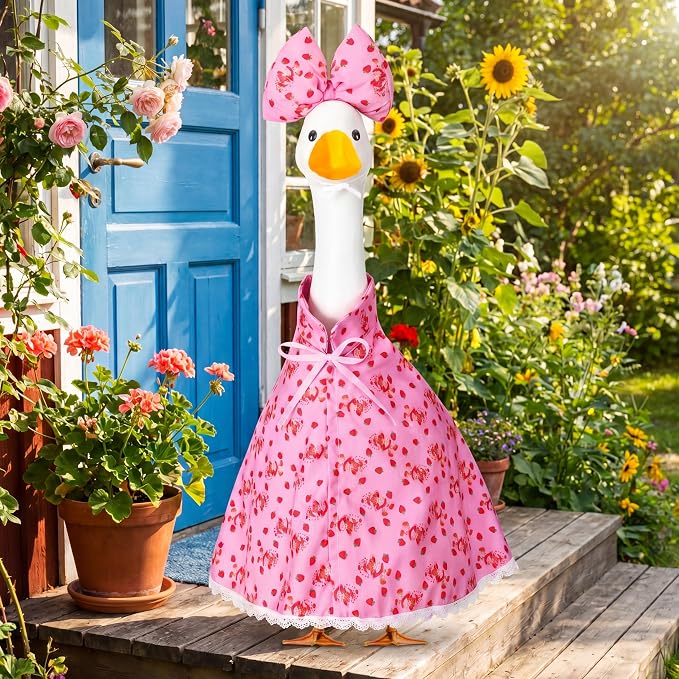 Abbylike Strawberry Porch Goose Outfit Summer Strawberry Costume Clothes for 23'' Cement Goose for Summer Garden Porch Statue Yard Pathway Decorations